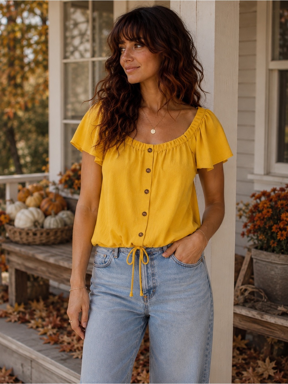 HYFVE Mustard Yellow Off-Shoulder Button Tie-Hem Top